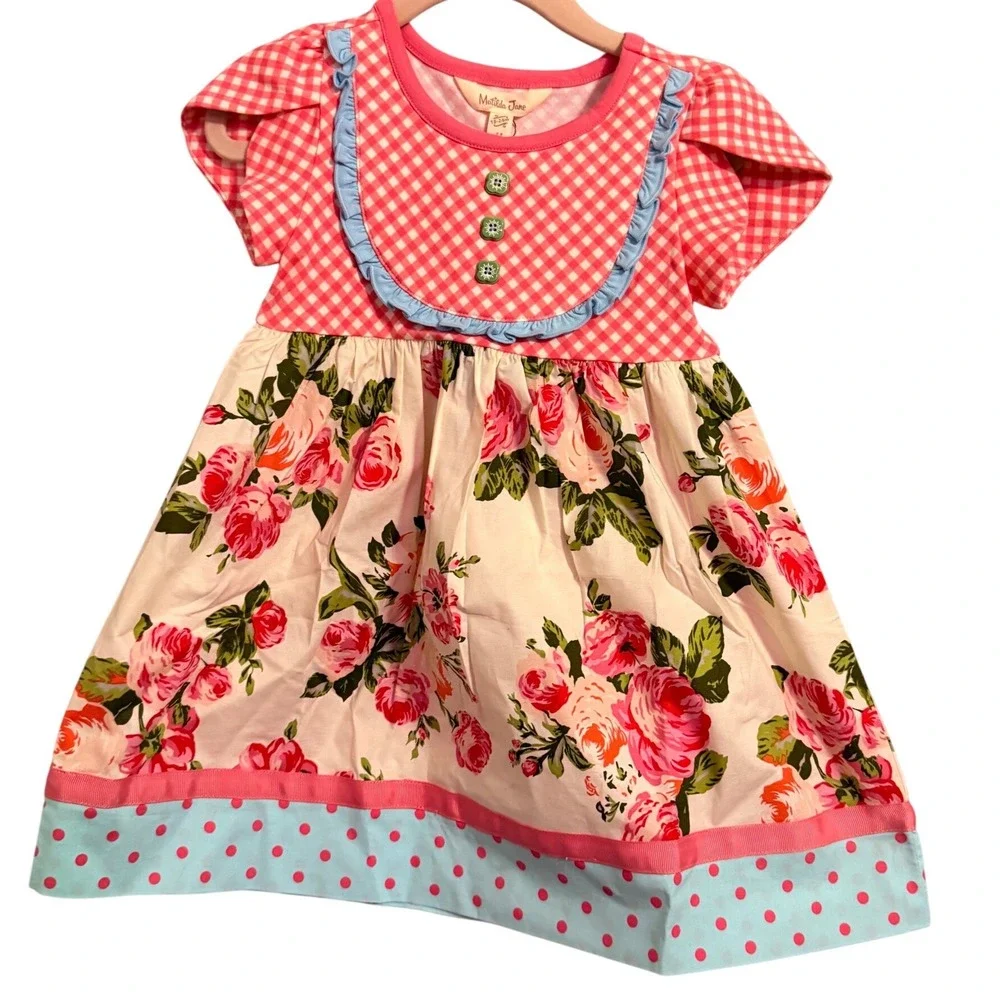 Matilda Jane Girls Pink Gingham Floral Ruffle Dress Size 12-18 Months - Picture 1 of 4